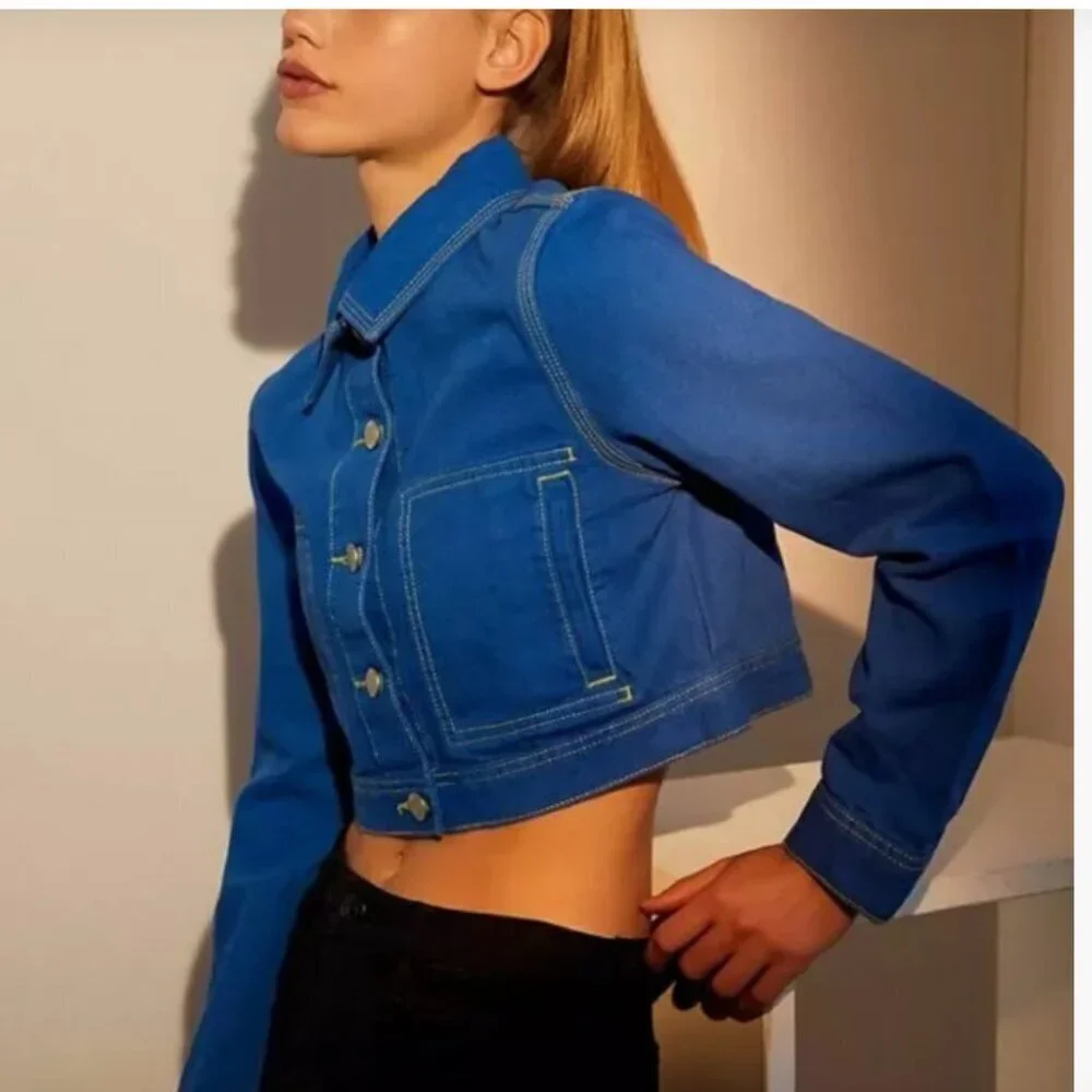 BDG Bright Blue Cropped Jean Jacket Size Small - Picture 2 of 12